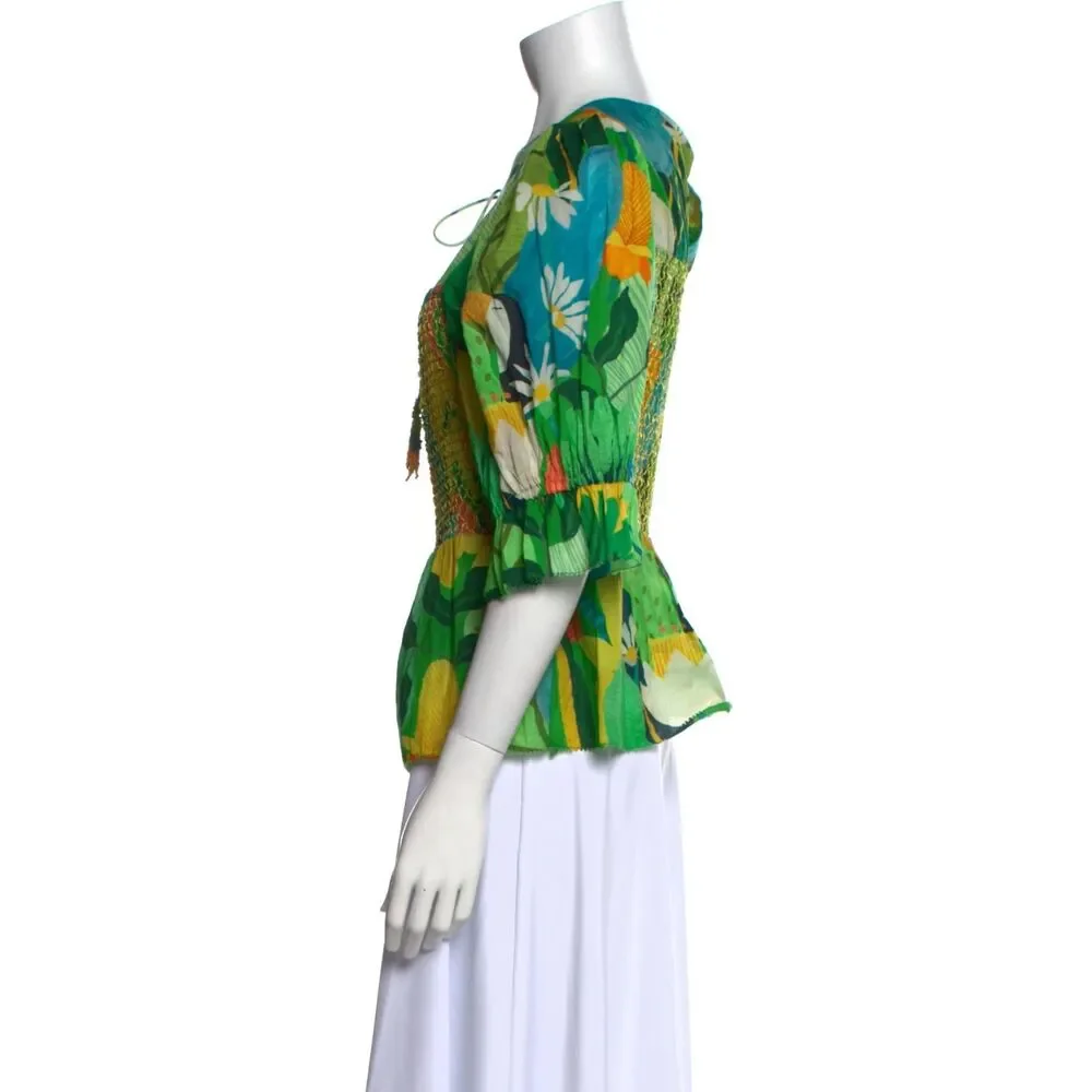 Farm Rio Women Sz S Tropical Toucan Floral Smocked Puff Sleeve Peplum Blouse NWT